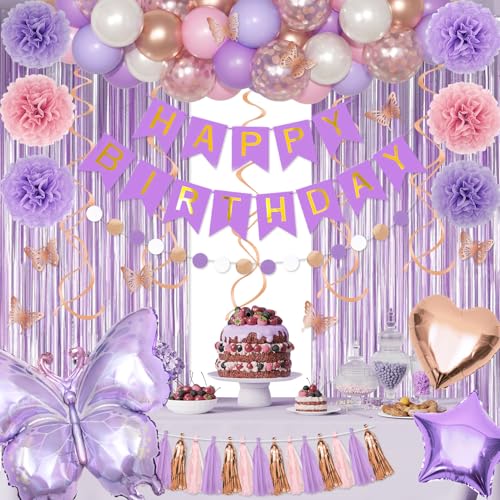 Purple Pink Butterfly Birthday Party Decorations Set - 97 Pieces with Balloons, Banner, Fringe Curtain, and More
