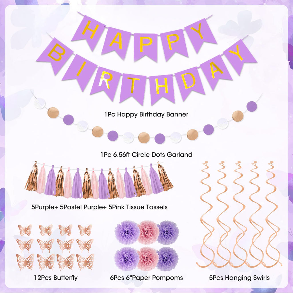 Purple Pink Butterfly Birthday Party Decorations Set - 97 Pieces with Balloons, Banner, Fringe Curtain, and More