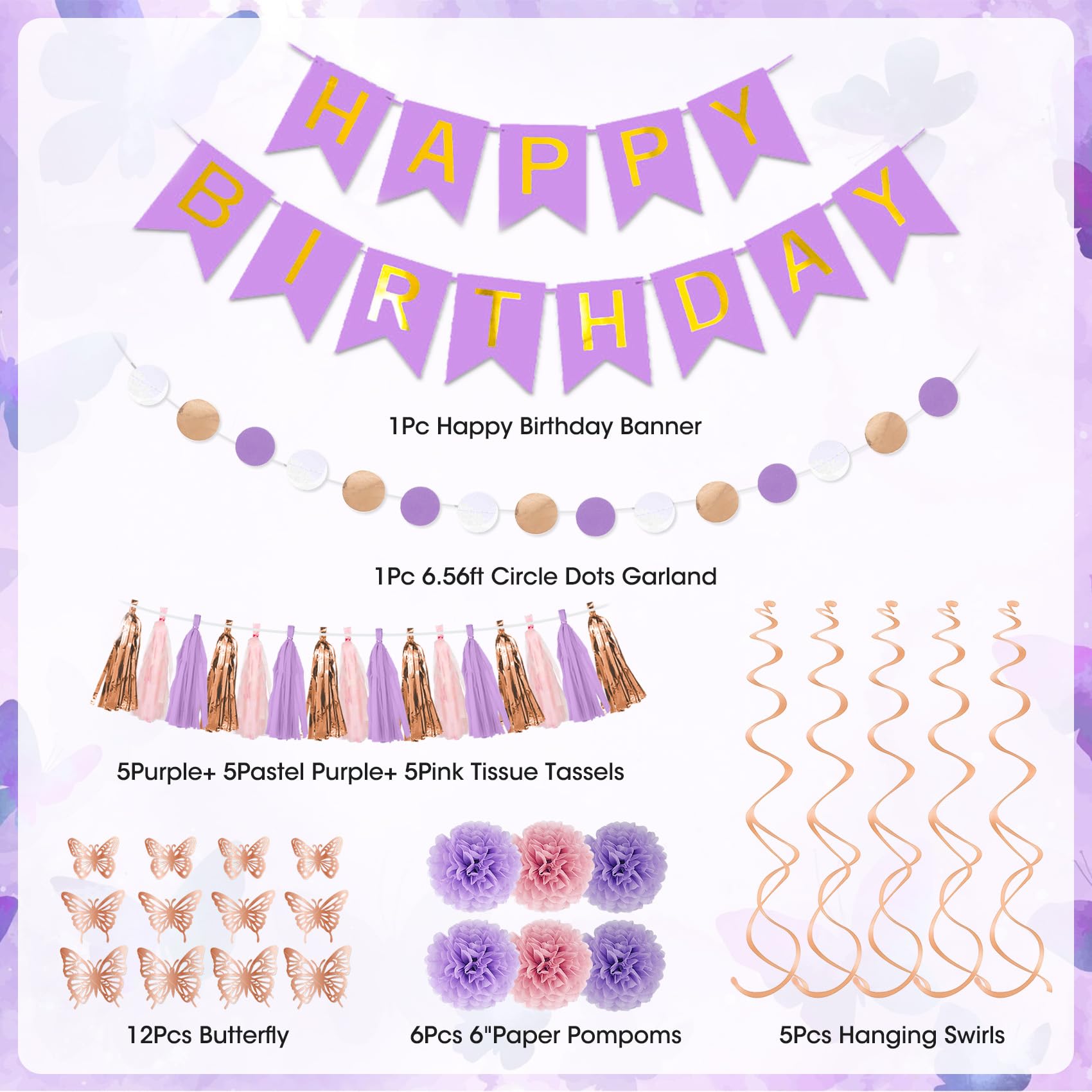 Purple Pink Butterfly Birthday Party Decorations Set - 97 Pieces with Balloons, Banner, Fringe Curtain, and More