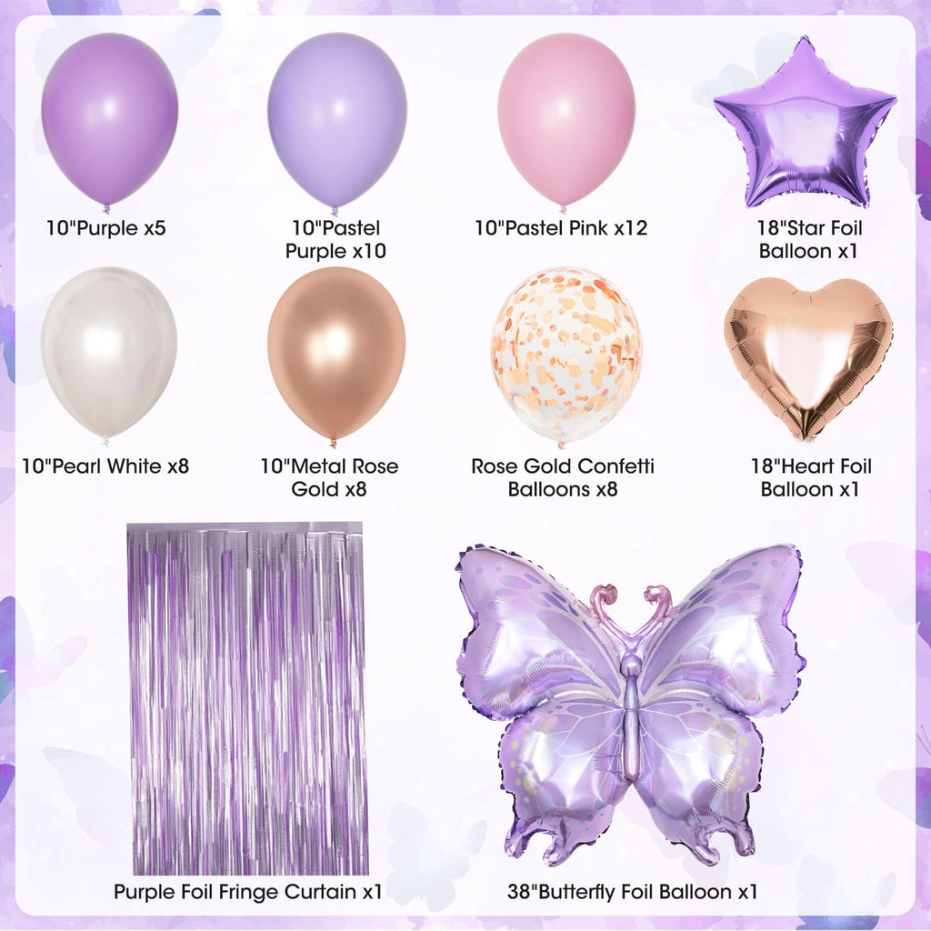 Purple Pink Butterfly Birthday Party Decorations Set - 97 Pieces with Balloons, Banner, Fringe Curtain, and More