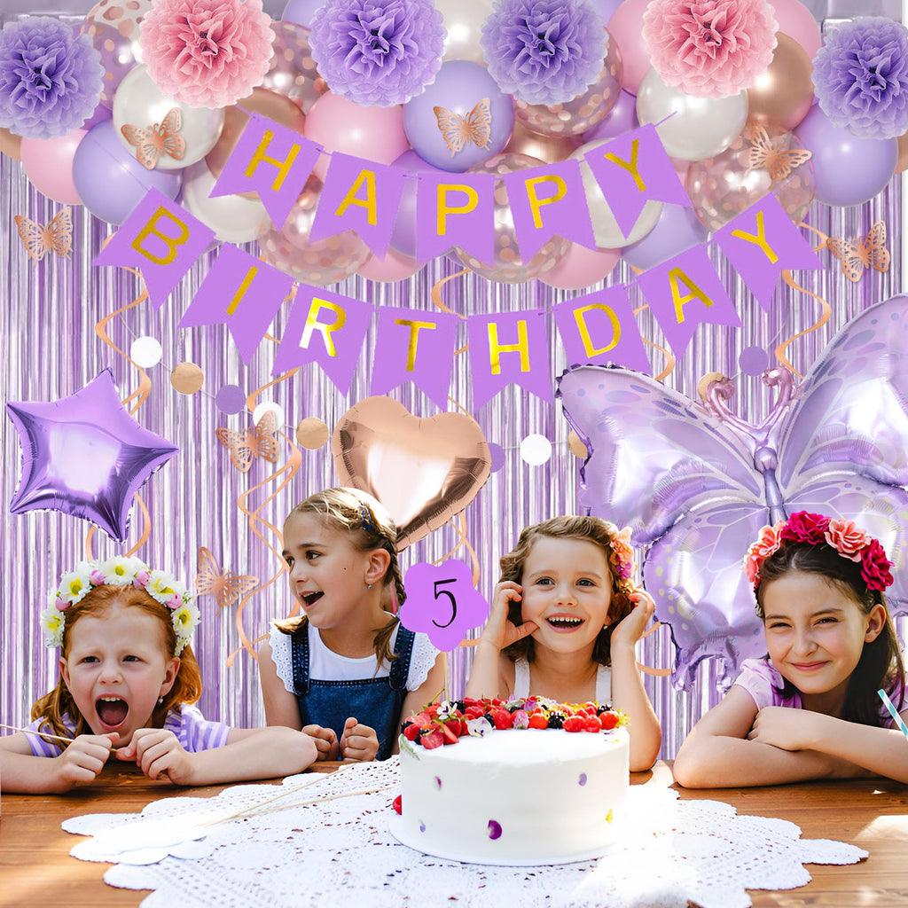 Purple Pink Butterfly Birthday Party Decorations Set - 97 Pieces with Balloons, Banner, Fringe Curtain, and More
