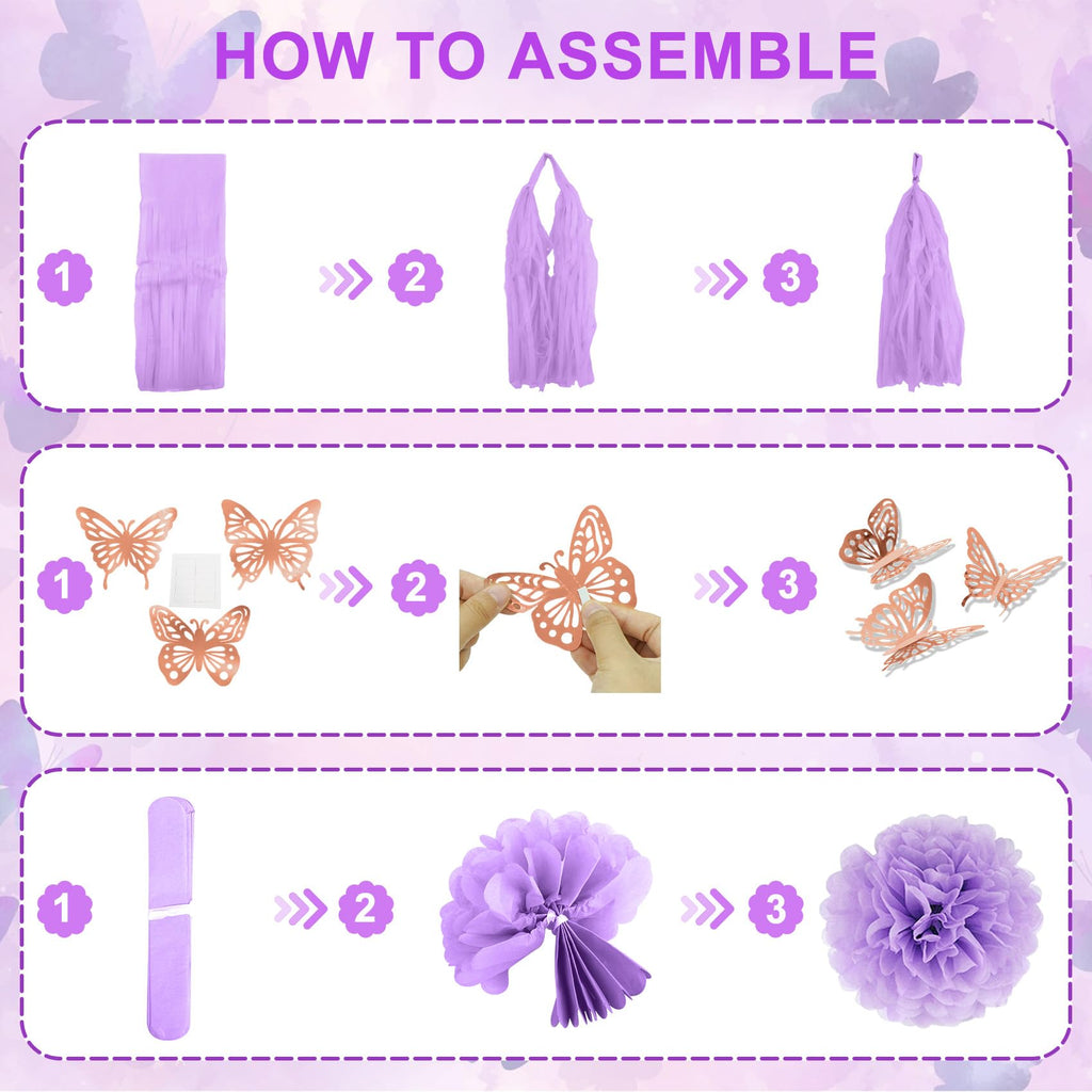 Purple Pink Butterfly Birthday Party Decorations Set - 97 Pieces with Balloons, Banner, Fringe Curtain, and More