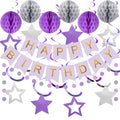 Purple & Silver Birthday Decoration Set - Banner, Honeycomb Balls, Streamers, Garland by meowtastic