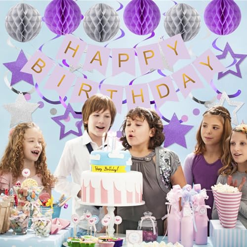 Purple & Silver Birthday Decoration Set - Banner, Honeycomb Balls, Streamers, Garland by meowtastic