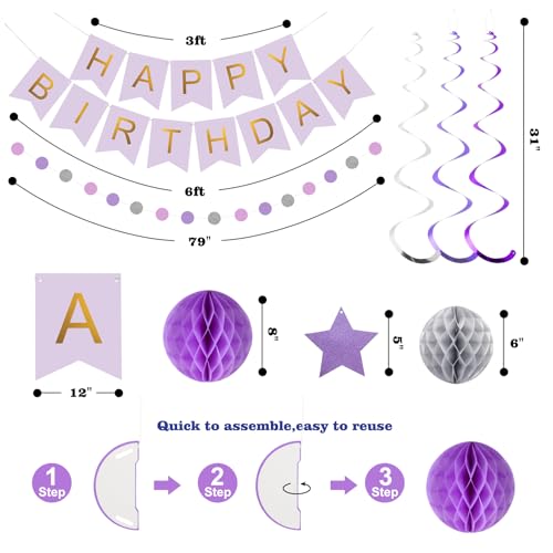Purple & Silver Birthday Decoration Set - Banner, Honeycomb Balls, Streamers, Garland by meowtastic