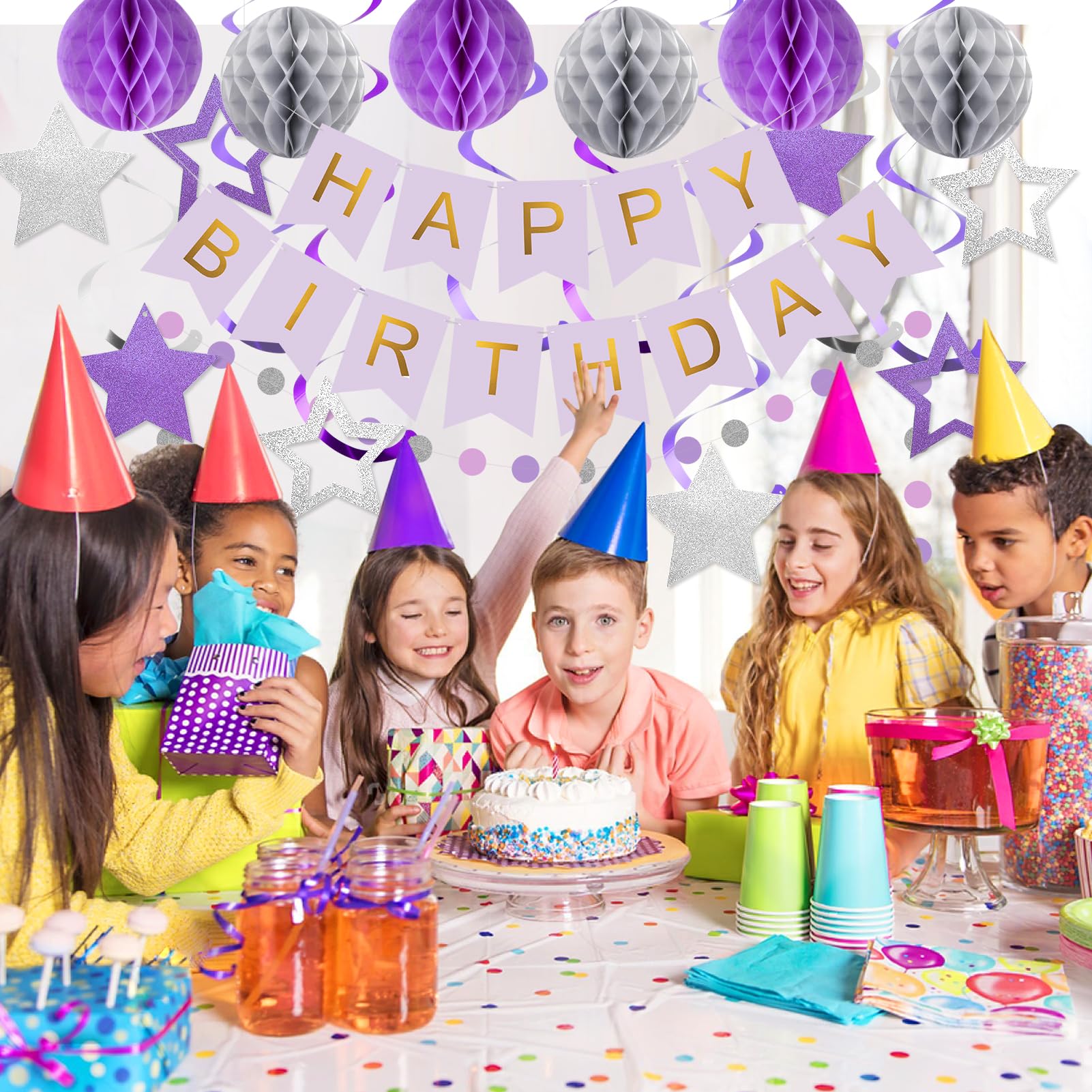 Purple & Silver Birthday Decoration Set - Banner, Honeycomb Balls, Streamers, Garland by meowtastic