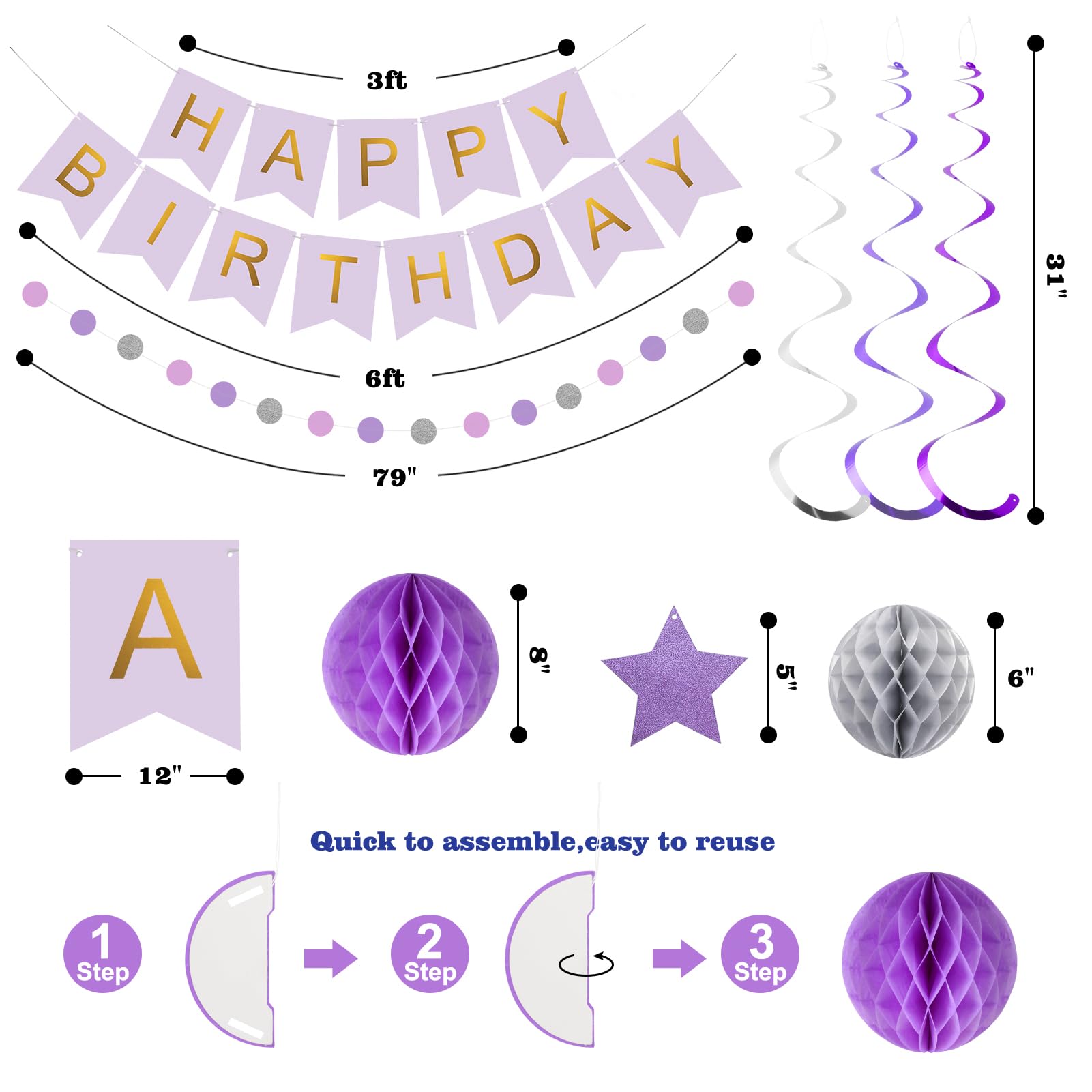 Purple & Silver Birthday Decoration Set - Banner, Honeycomb Balls, Streamers, Garland by meowtastic