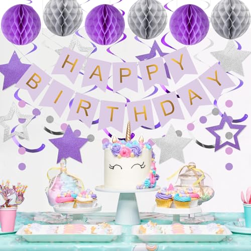 Purple & Silver Birthday Decoration Set - Banner, Honeycomb Balls, Streamers, Garland by meowtastic