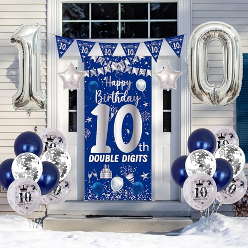 Purtarly 10th Birthday Decorations Kit - Navy Blue & Silver Double Digits Party Supplies with Banners, Balloons, and Door Sign for Boys Girls
