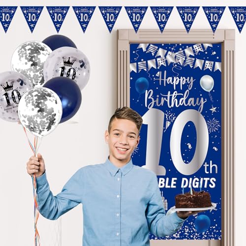 Purtarly 10th Birthday Decorations Kit - Navy Blue & Silver Double Digits Party Supplies with Banners, Balloons, and Door Sign for Boys Girls