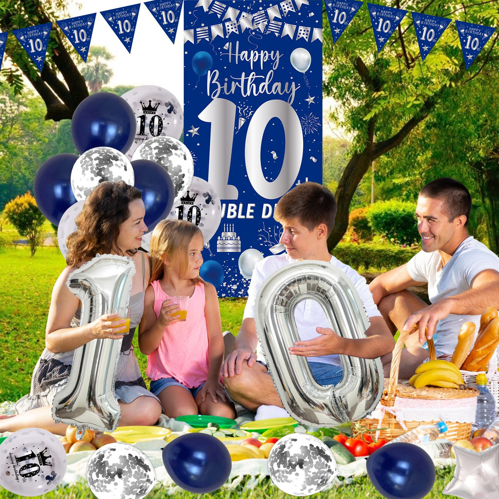 Purtarly 10th Birthday Decorations Kit - Navy Blue & Silver Double Digits Party Supplies with Banners, Balloons, and Door Sign for Boys Girls