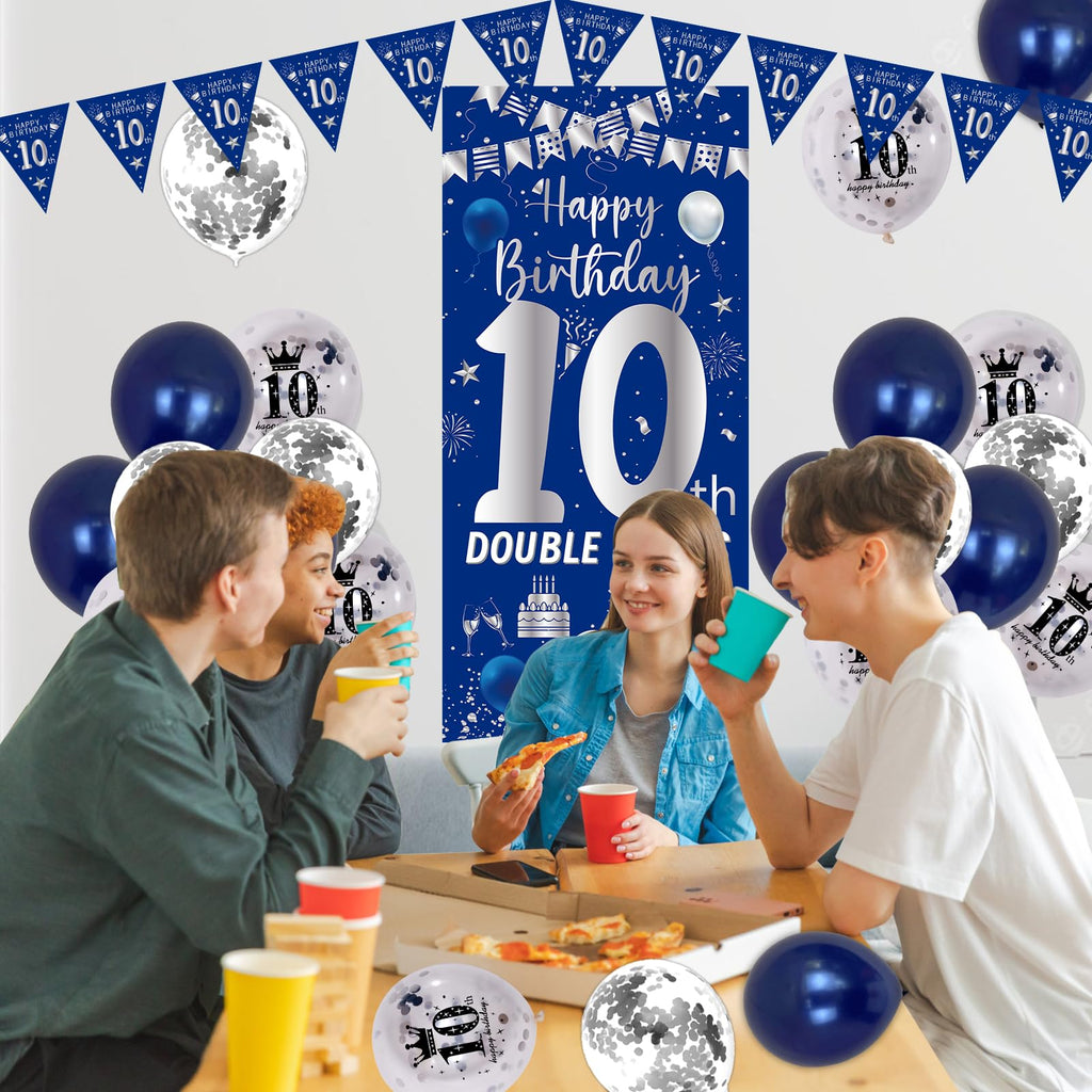Purtarly 10th Birthday Decorations Kit - Navy Blue & Silver Double Digits Party Supplies with Banners, Balloons, and Door Sign for Boys Girls