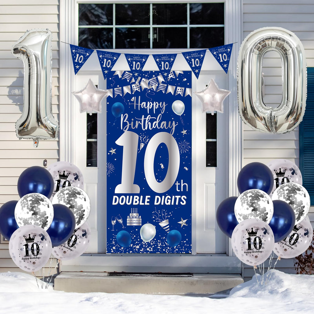 Purtarly 10th Birthday Decorations Kit - Navy Blue & Silver Double Digits Party Supplies with Banners, Balloons, and Door Sign for Boys Girls