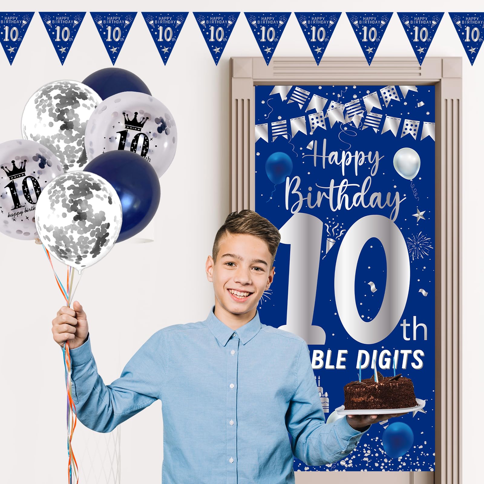 Purtarly 10th Birthday Decorations Kit - Navy Blue & Silver Double Digits Party Supplies with Banners, Balloons, and Door Sign for Boys Girls
