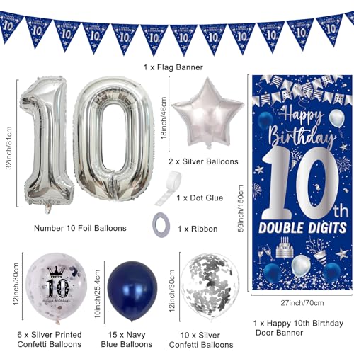 Purtarly 10th Birthday Decorations Kit - Navy Blue & Silver Double Digits Party Supplies with Banners, Balloons, and Door Sign for Boys Girls