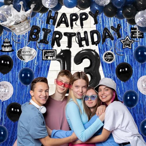 Purtarly 73-Piece Blue Black 13th Birthday Decorations Kit for Boys – Includes Banner, Foil Balloon, Tablecloth & More