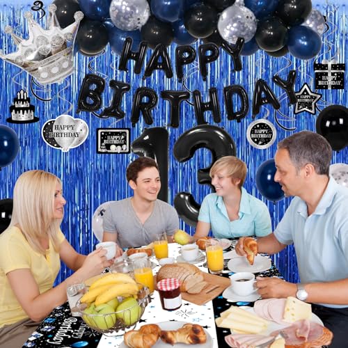 Purtarly 73-Piece Blue Black 13th Birthday Decorations Kit for Boys – Includes Banner, Foil Balloon, Tablecloth & More