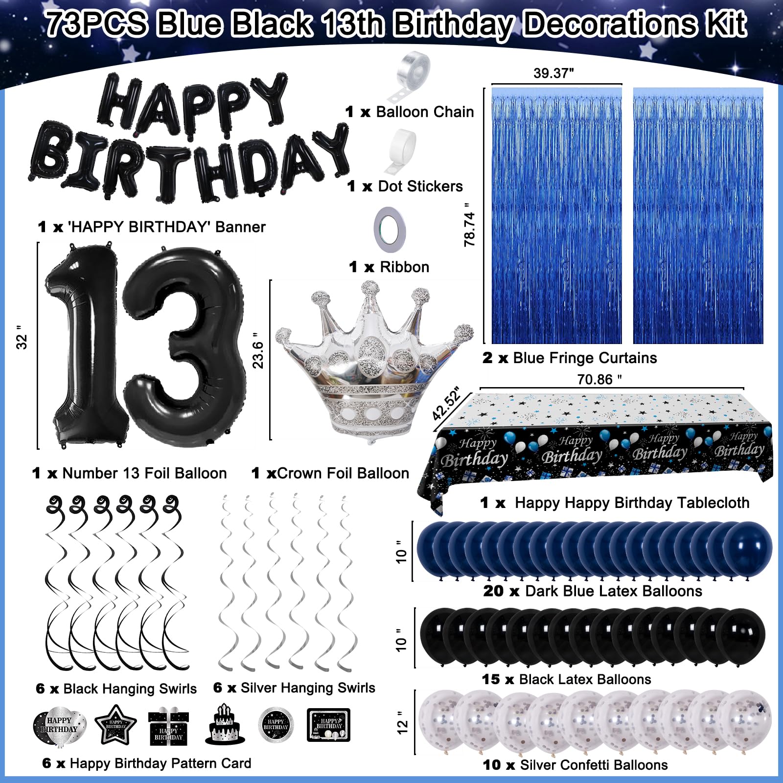Purtarly 73-Piece Blue Black 13th Birthday Decorations Kit for Boys – Includes Banner, Foil Balloon, Tablecloth & More