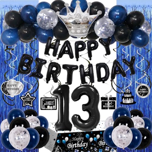 Purtarly 73-Piece Blue Black 13th Birthday Decorations Kit for Boys – Includes Banner, Foil Balloon, Tablecloth & More