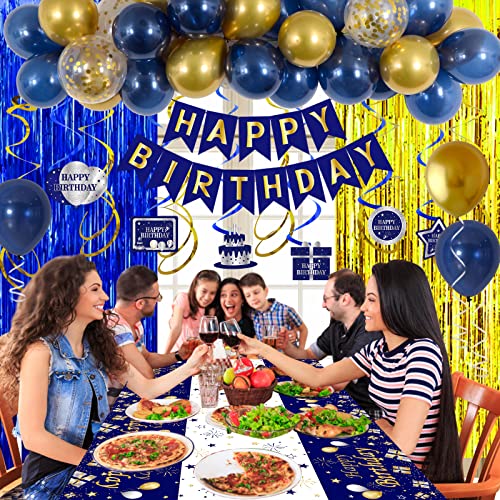 Purtarly Blue and Gold Birthday Decorations Kit – Navy Blue & Gold Party Supplies with Banner, Balloons, Tablecloth, Fringe Curtains
