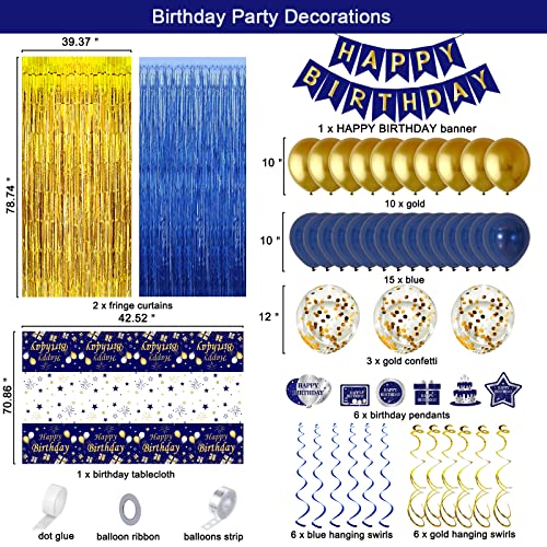 Purtarly Blue and Gold Birthday Decorations Kit – Navy Blue & Gold Party Supplies with Banner, Balloons, Tablecloth, Fringe Curtains