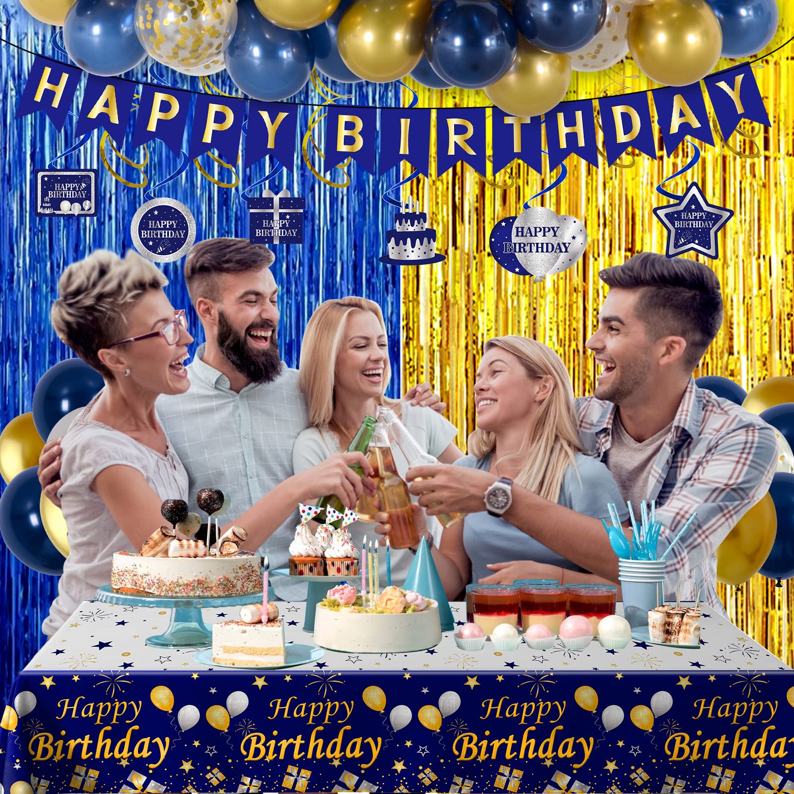 Purtarly Blue and Gold Birthday Decorations Kit – Navy Blue & Gold Party Supplies with Banner, Balloons, Tablecloth, Fringe Curtains