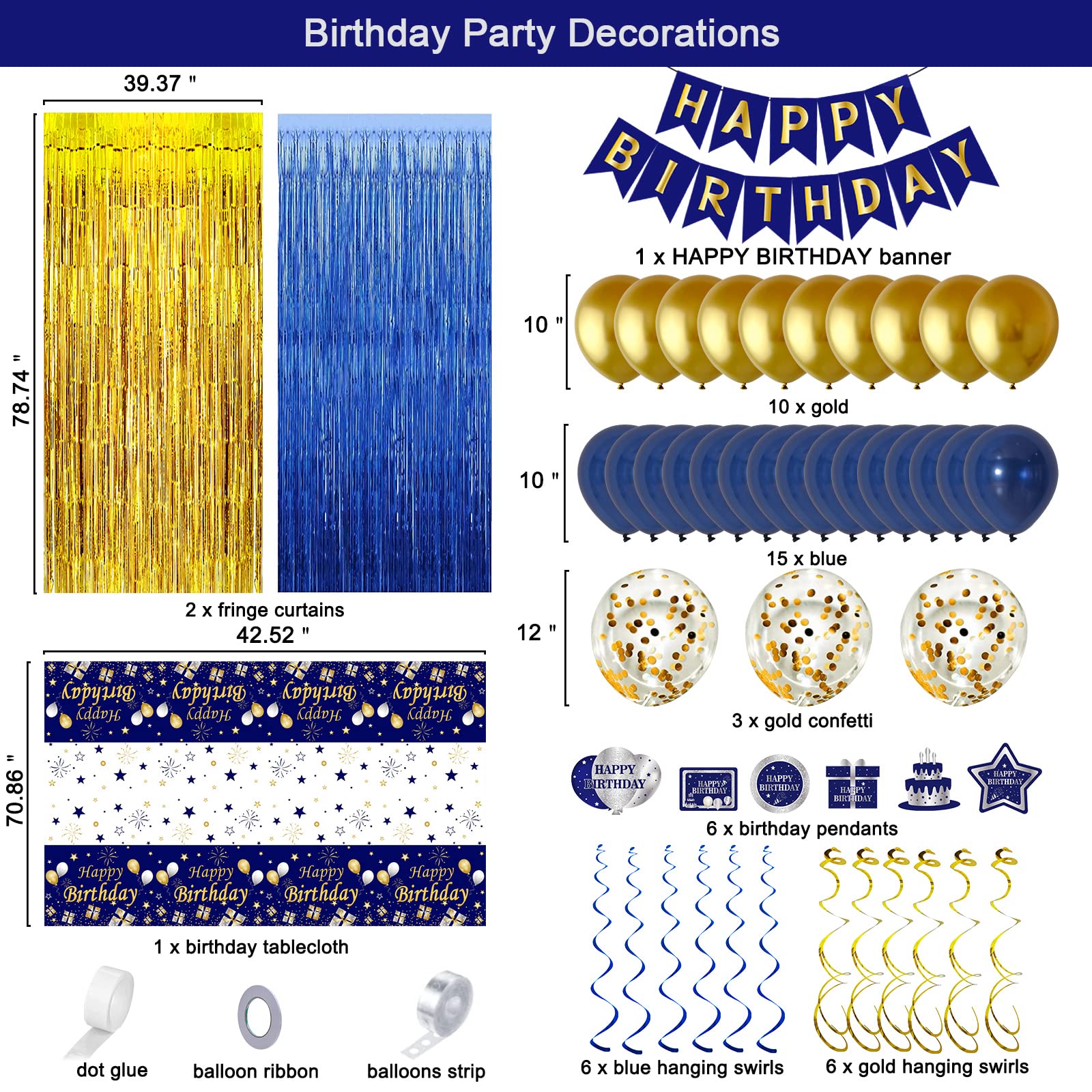Purtarly Blue and Gold Birthday Decorations Kit – Navy Blue & Gold Party Supplies with Banner, Balloons, Tablecloth, Fringe Curtains