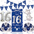 Purtarly Blue Silver 16th Birthday Decoration Set – Banner, Balloons & Triangle Flags