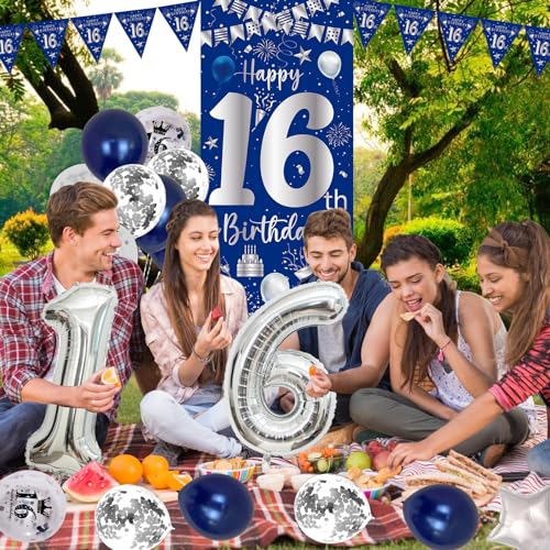 Purtarly Blue Silver 16th Birthday Decoration Set – Banner, Balloons & Triangle Flags