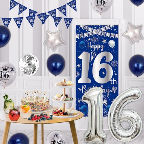Purtarly Blue Silver 16th Birthday Decoration Set – Banner, Balloons & Triangle Flags