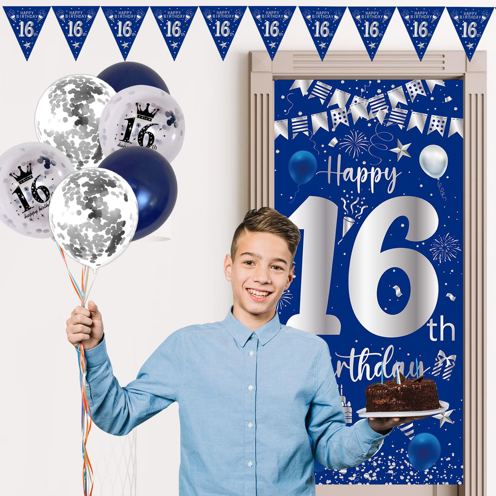 Purtarly Blue Silver 16th Birthday Decoration Set – Banner, Balloons & Triangle Flags