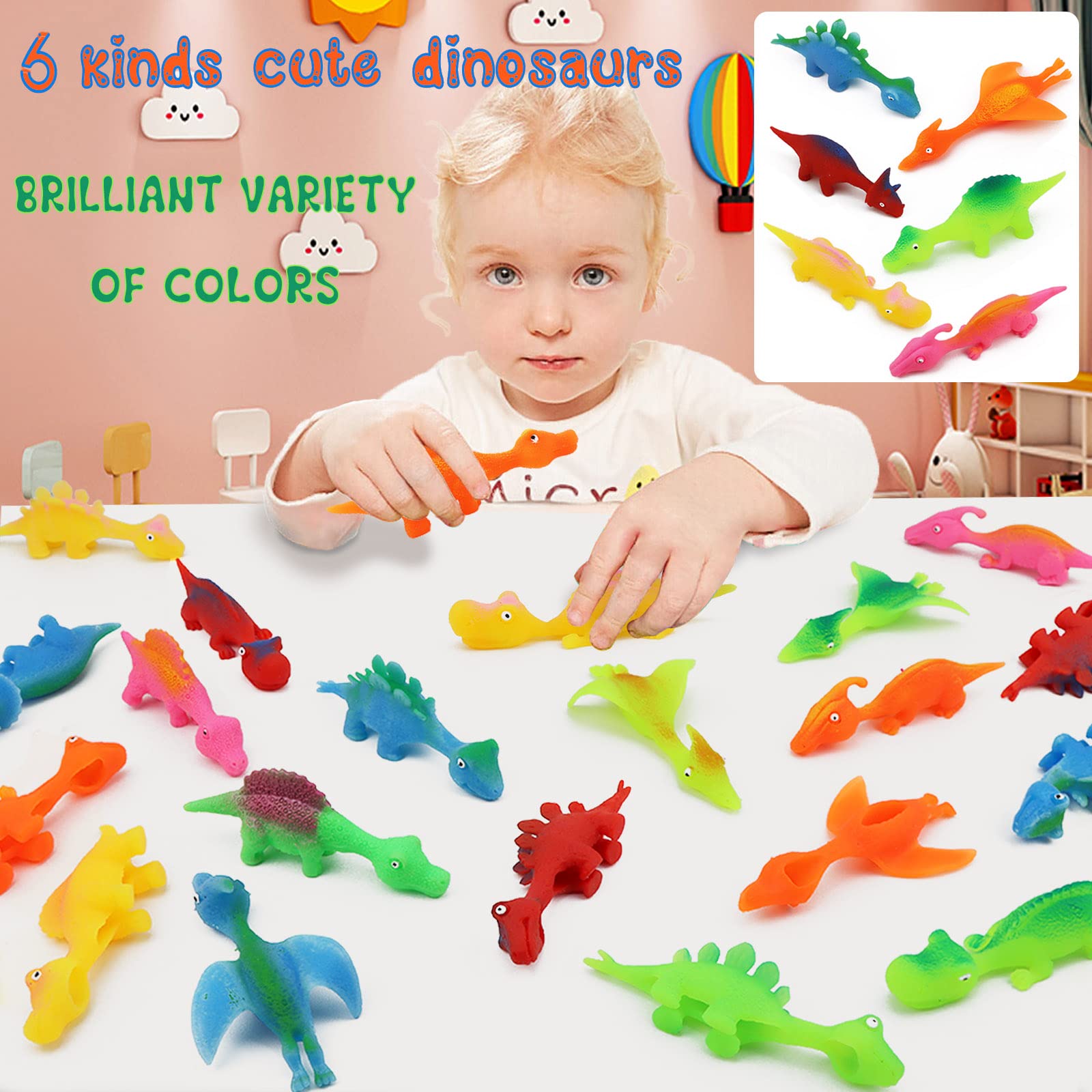 Pushmick 30-Pack Dinosaur Finger Slingshot Toys – Soft TPR Catapult Toys for Party Favors and Flying Games
