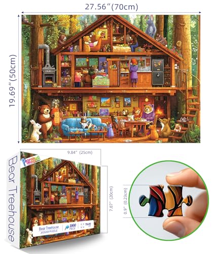 PuzzOne 1000-Piece Animal Characters Jigsaw Puzzle – Bear Treehouse Forest, 27.5x19.7 Inches