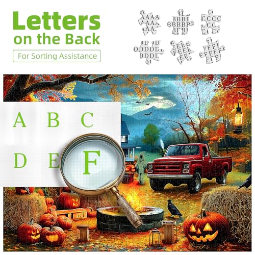 PuzzOne 1000 Piece Halloween Puzzle - Scarecrow Heaven Scene with Pumpkin Lanterns & Ghost Truck