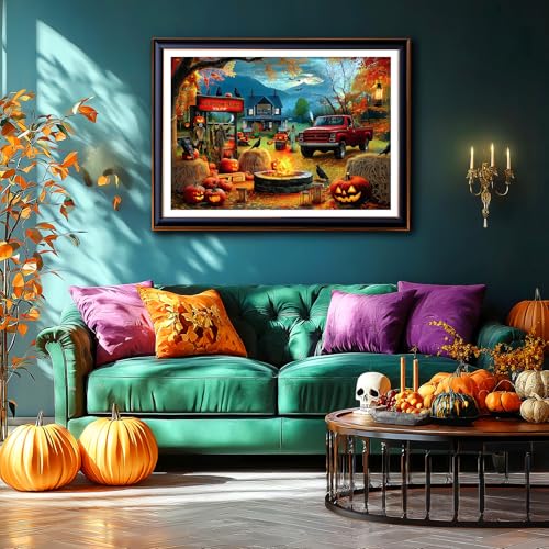 PuzzOne 1000 Piece Halloween Puzzle - Scarecrow Heaven Scene with Pumpkin Lanterns & Ghost Truck