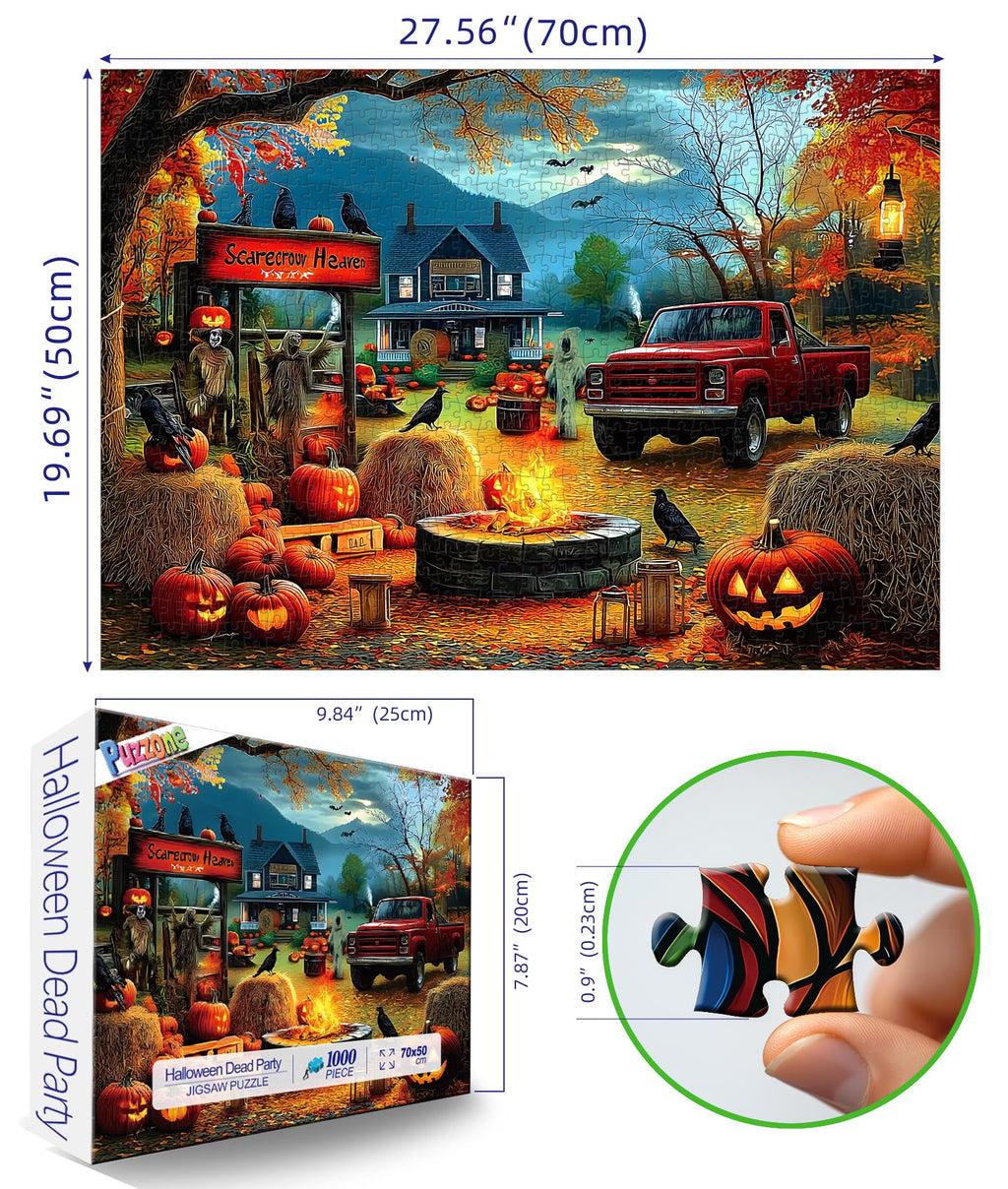 PuzzOne 1000 Piece Halloween Puzzle - Scarecrow Heaven Scene with Pumpkin Lanterns & Ghost Truck