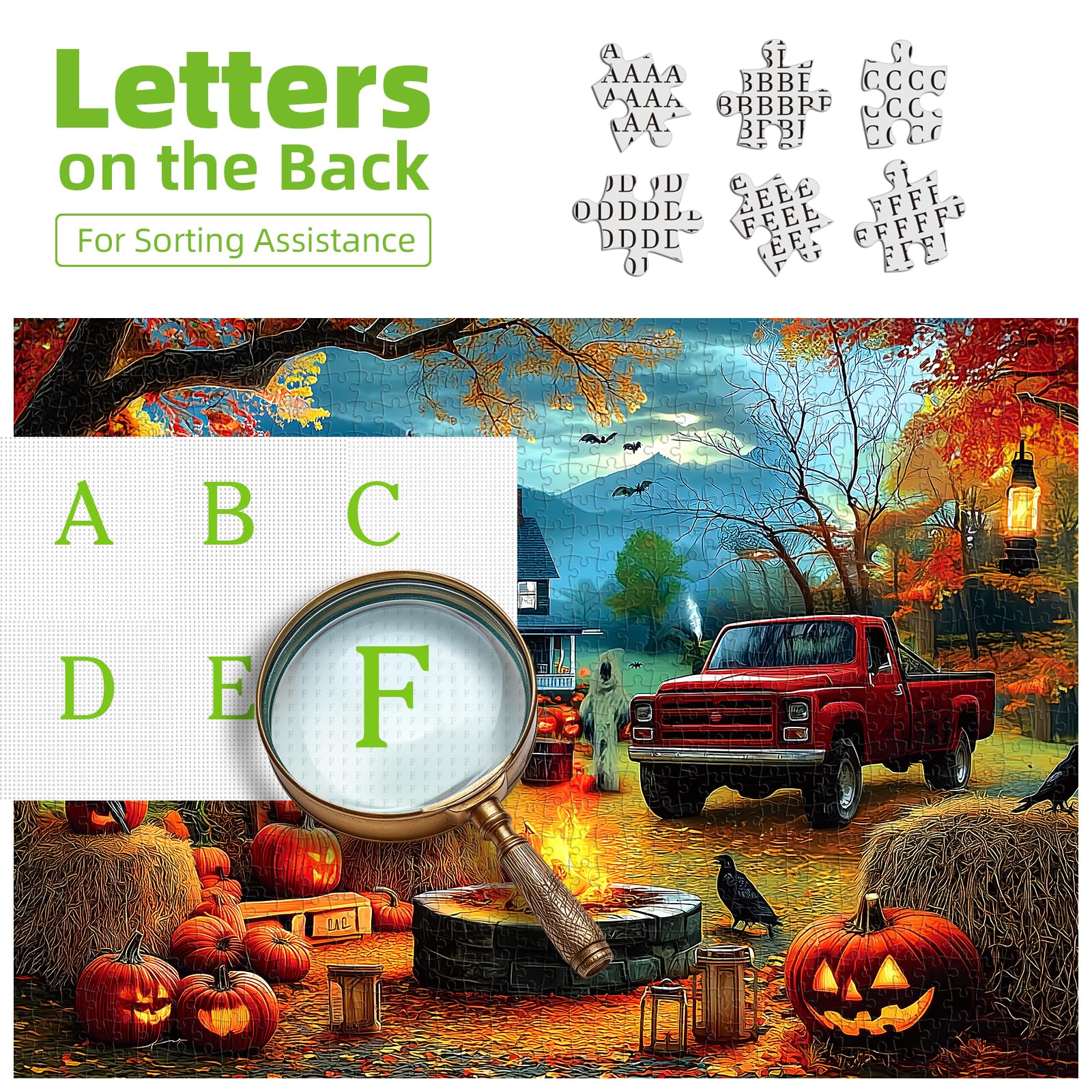 PuzzOne 1000 Piece Halloween Puzzle - Scarecrow Heaven Scene with Pumpkin Lanterns & Ghost Truck