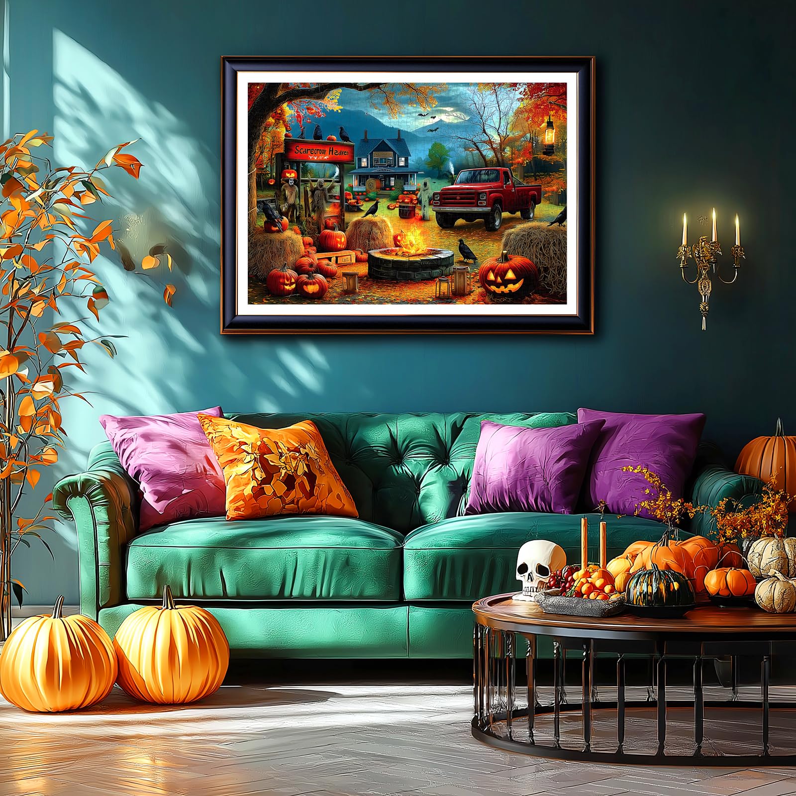 PuzzOne 1000 Piece Halloween Puzzle - Scarecrow Heaven Scene with Pumpkin Lanterns & Ghost Truck