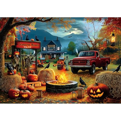 PuzzOne 1000 Piece Halloween Puzzle - Scarecrow Heaven Scene with Pumpkin Lanterns & Ghost Truck