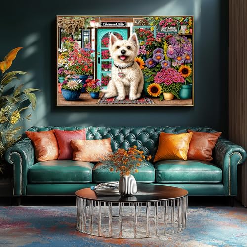 PuzzOne 1000 Piece Jigsaw Puzzle for Adults – Westie Dog in Flower Shop, 27.6" x 19.7"