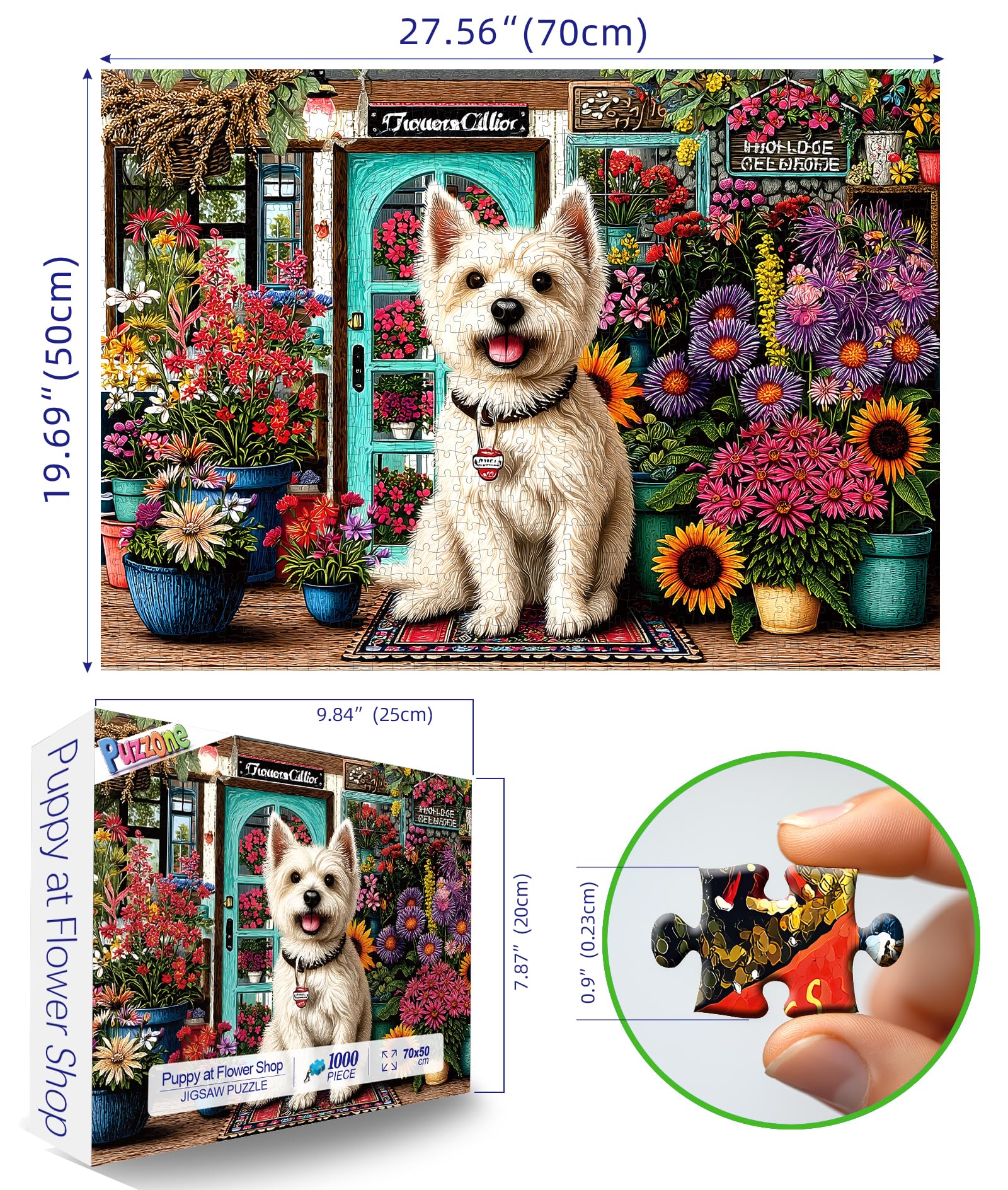 PuzzOne 1000 Piece Jigsaw Puzzle for Adults – Westie Dog in Flower Shop, 27.6" x 19.7"