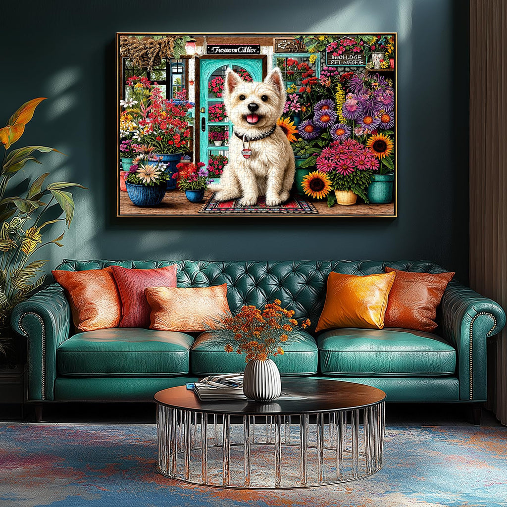 PuzzOne 1000 Piece Jigsaw Puzzle for Adults – Westie Dog in Flower Shop, 27.6" x 19.7"
