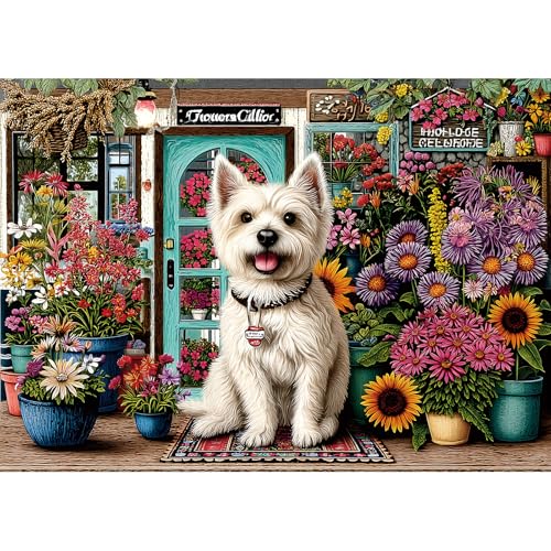 PuzzOne 1000 Piece Jigsaw Puzzle for Adults – Westie Dog in Flower Shop, 27.6" x 19.7"