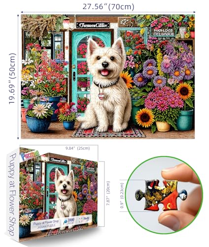 PuzzOne 1000 Piece Jigsaw Puzzle for Adults – Westie Dog in Flower Shop, 27.6" x 19.7"