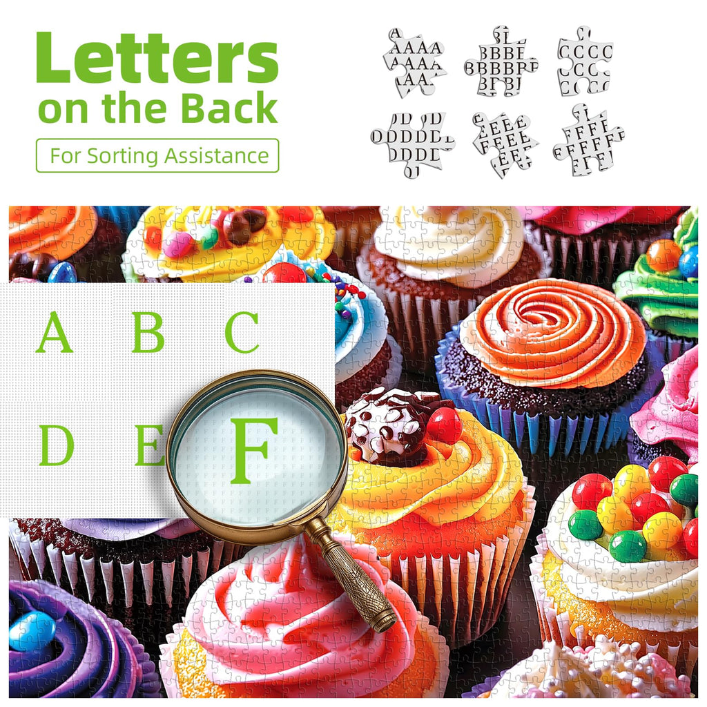 PuzzOne 300 Piece Jigsaw Puzzle – Colorful Cupcakes, 17x11 Inches, with Letters on Back