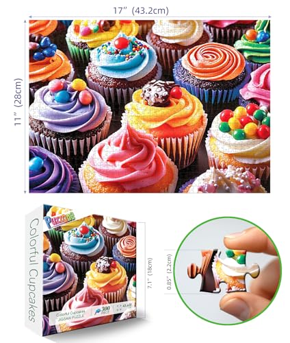PuzzOne 300 Piece Jigsaw Puzzle – Colorful Cupcakes, 17x11 Inches, with Letters on Back