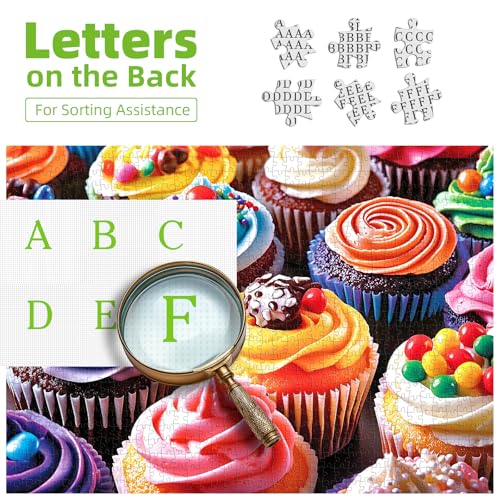 PuzzOne 300 Piece Jigsaw Puzzle – Colorful Cupcakes, 17x11 Inches, with Letters on Back