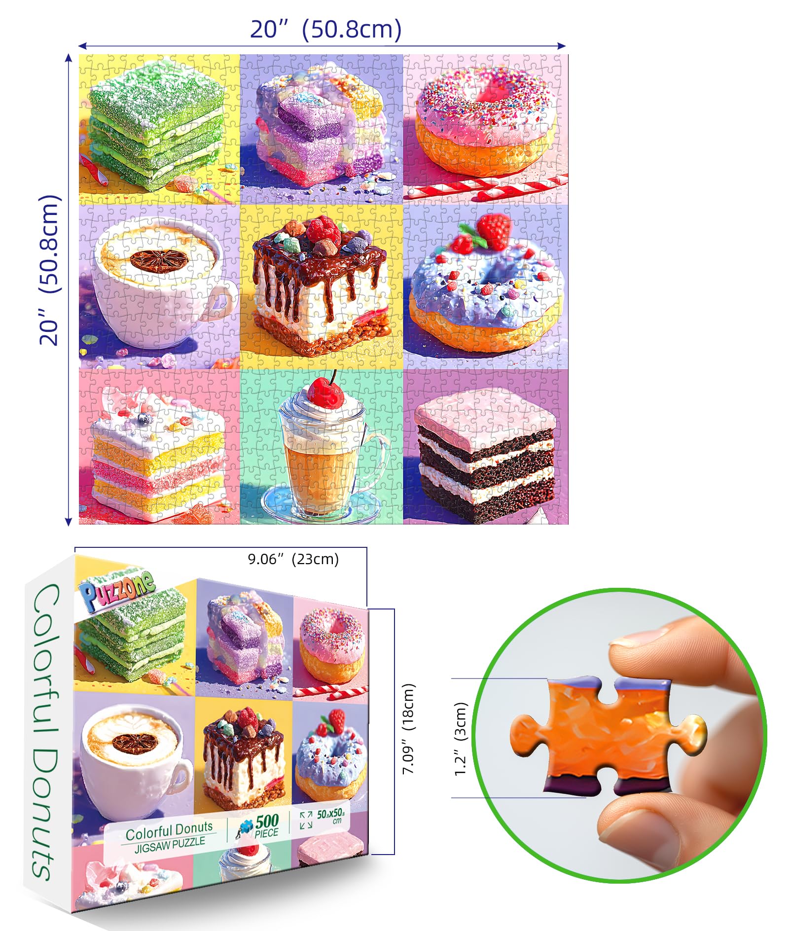 PuzzOne 500-Piece Dessert Jigsaw Puzzle – Colorful Donuts, Cakes & Berries – 20x20 Inch – Includes Poster