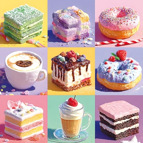 PuzzOne 500-Piece Dessert Jigsaw Puzzle – Colorful Donuts, Cakes & Berries – 20x20 Inch – Includes Poster