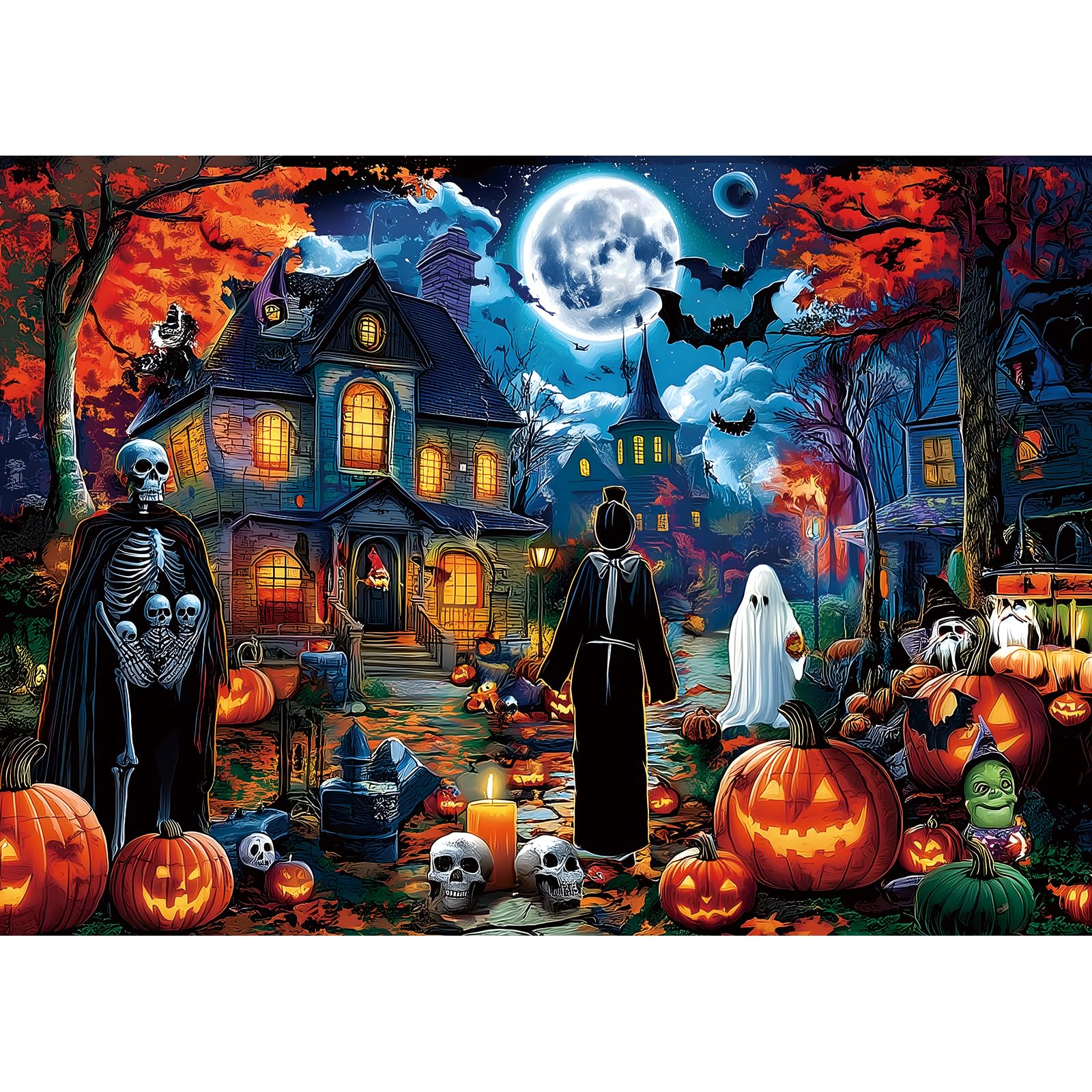 PuzzOne Halloween 1000-Piece Jigsaw Puzzle – Haunted Mansion with Skeletons & Ghosts (27.5" x 19.7")